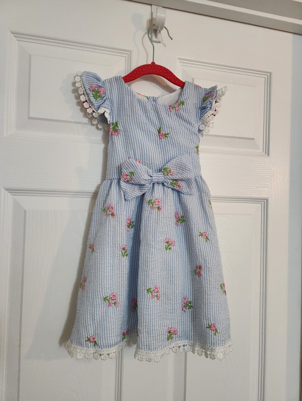 Rare Editions Blue Seersucker Floral Bow-Front Kids Dress 4T Preppy!